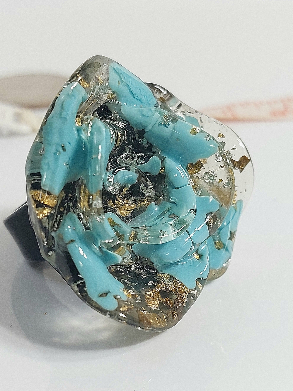Turquoise Swirl Resin Statement Ring with Gold Leaf